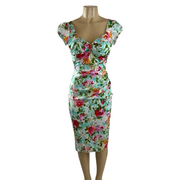 Stop Staring Billion Dollar Baby Dress Size M Watercolor Floral Wiggle Pinup - Picture 3 of 10